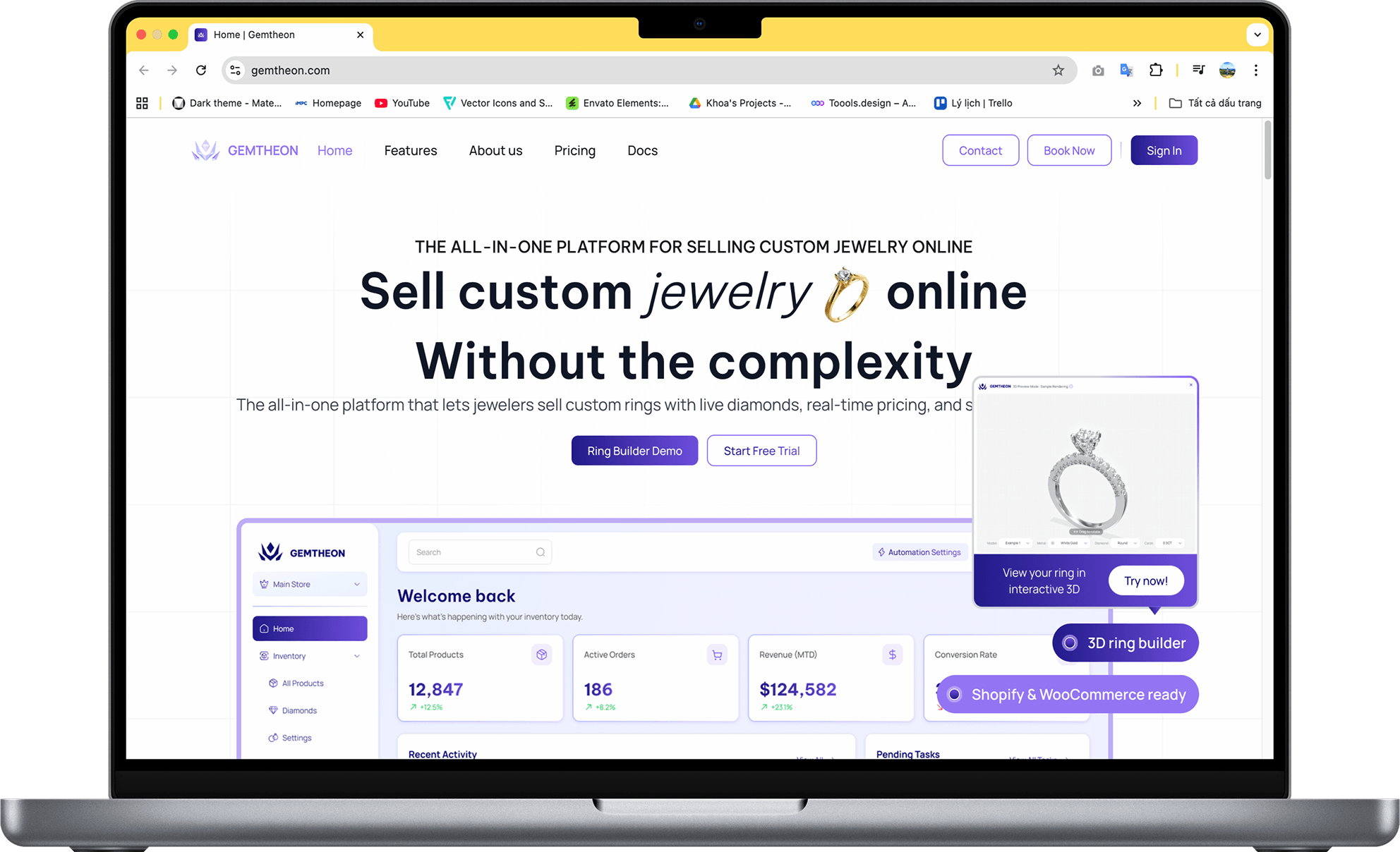 Custom jewelry ecommerce platform shown on a laptop